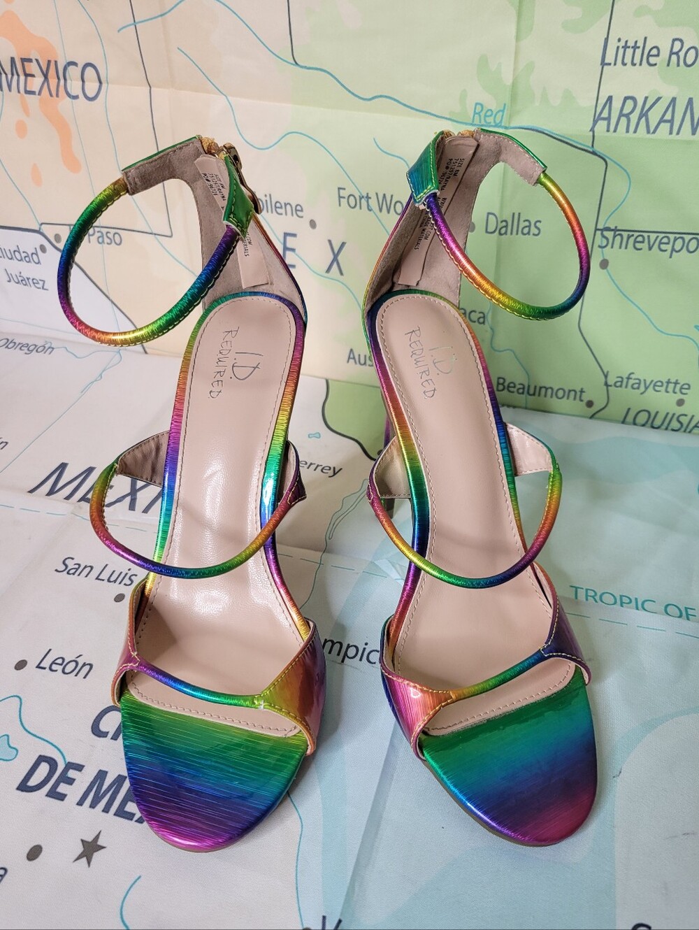 ID Required Rainbow Metallic Ankle-Strap Heels - Multicolor